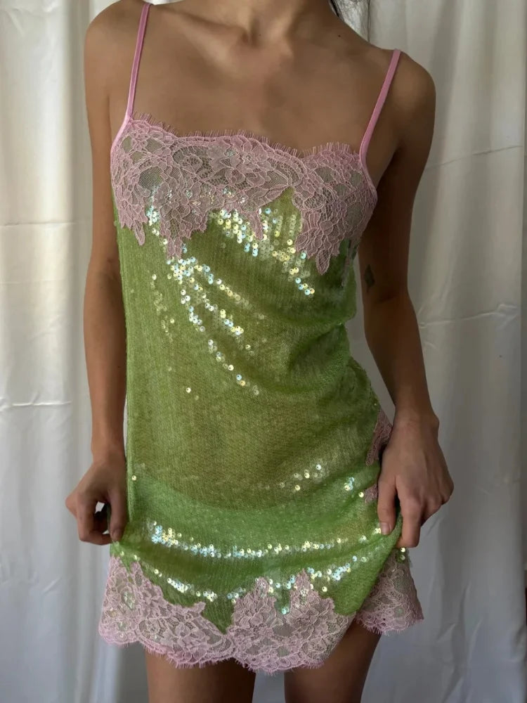 Sexy Women Sequin Lace Trim Mini Dress Chic V-neck Sleeveless High Waist Mini Sling Dresses 2026 Daily Summer Lady Vacation Robe