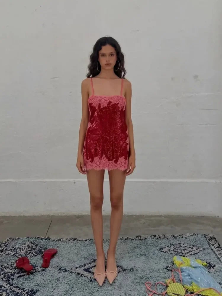 Sexy Women Sequin Lace Trim Mini Dress Chic V-neck Sleeveless High Waist Mini Sling Dresses 2026 Daily Summer Lady Vacation Robe